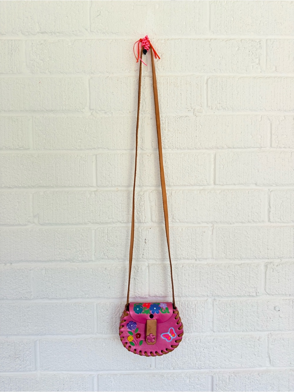 Made in Mexico - Leather Pink Floral Embroidered Crossbody Bag with Tan Strap